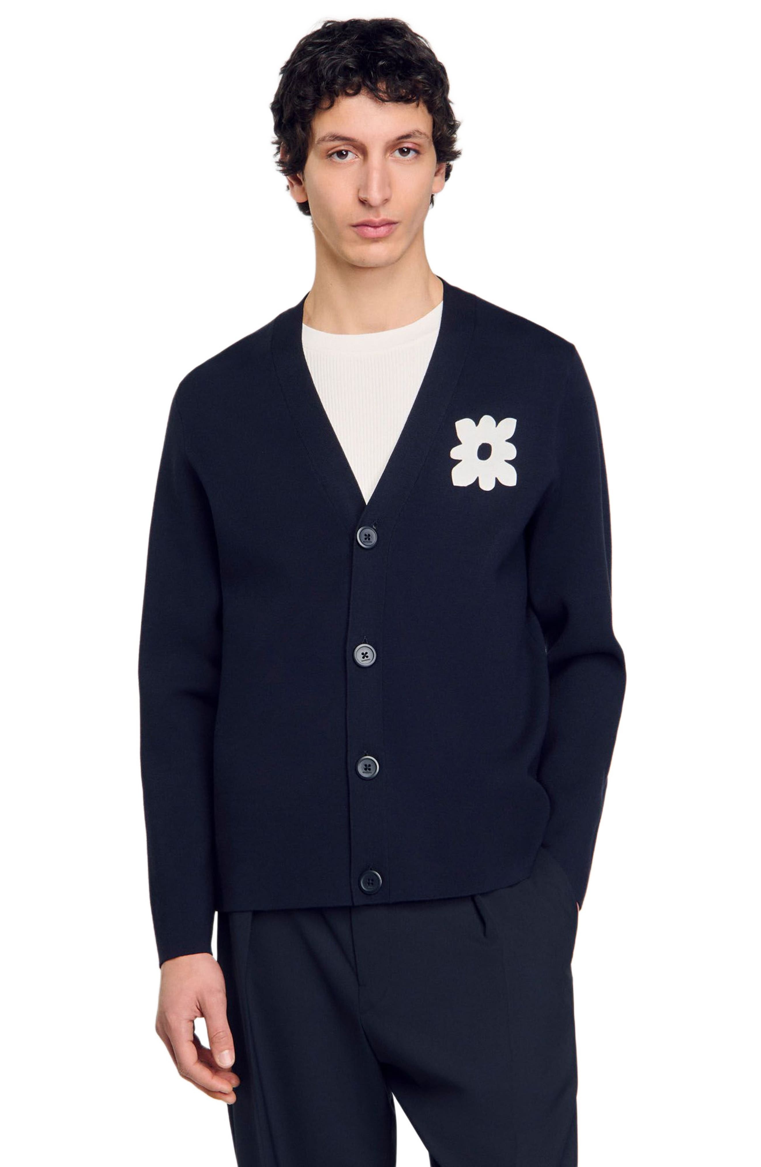 SANDRO Cardigan with flower detail in Navy Blue at Nordstrom - 3