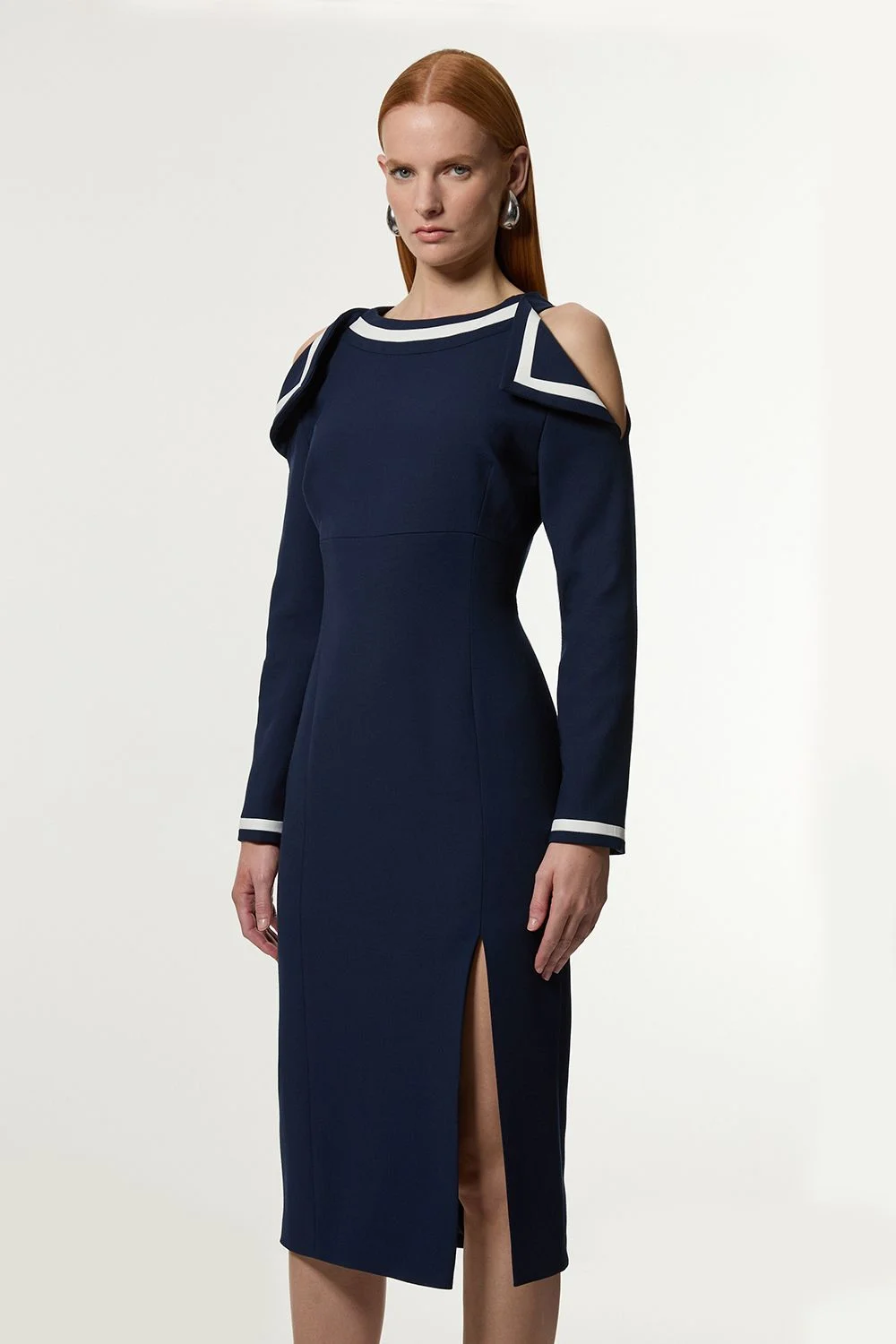 Compact Stretch Contrast Tipped Bardot Tailored Midi Dress - 1