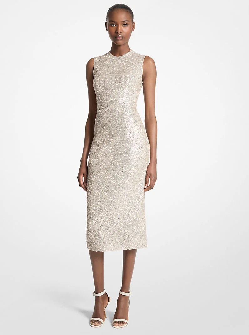 Hand-Embroidered Sequined Stretch Tulle Sheath Dress - 1