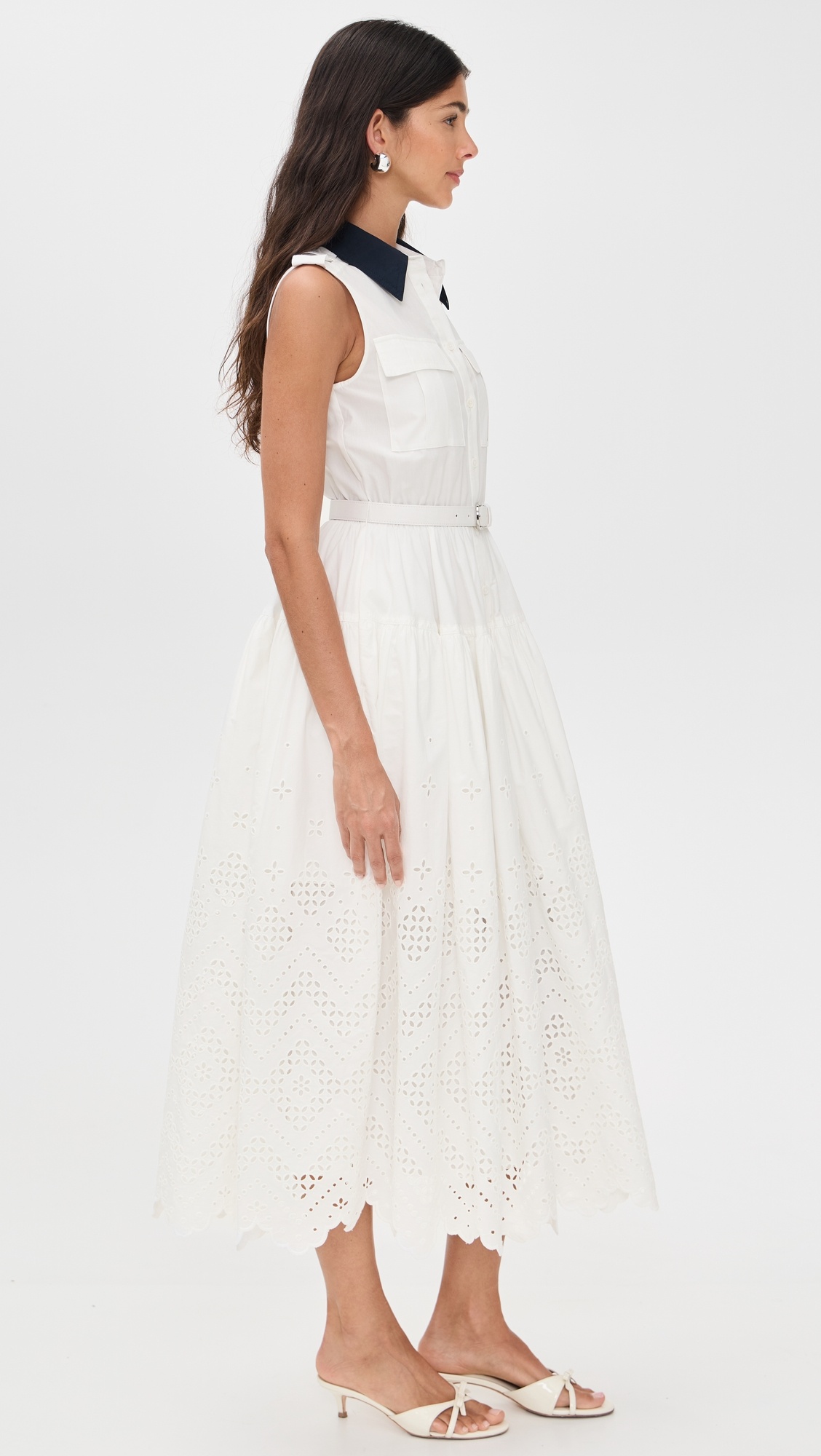 White Contrast Collar Broderie Midi Dress - 3