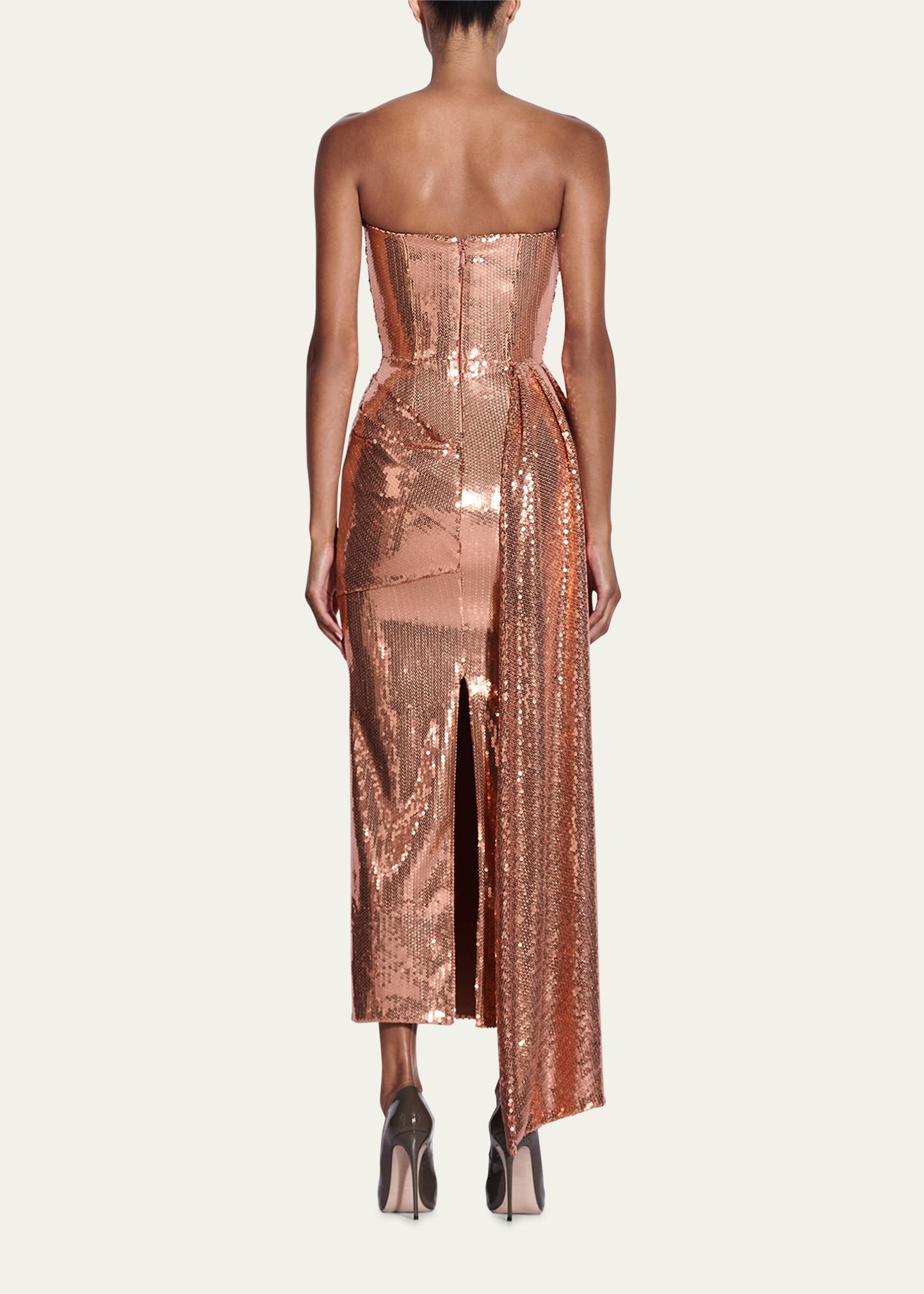 Strapless Draped Sequin Mesh Midi Dress - 3