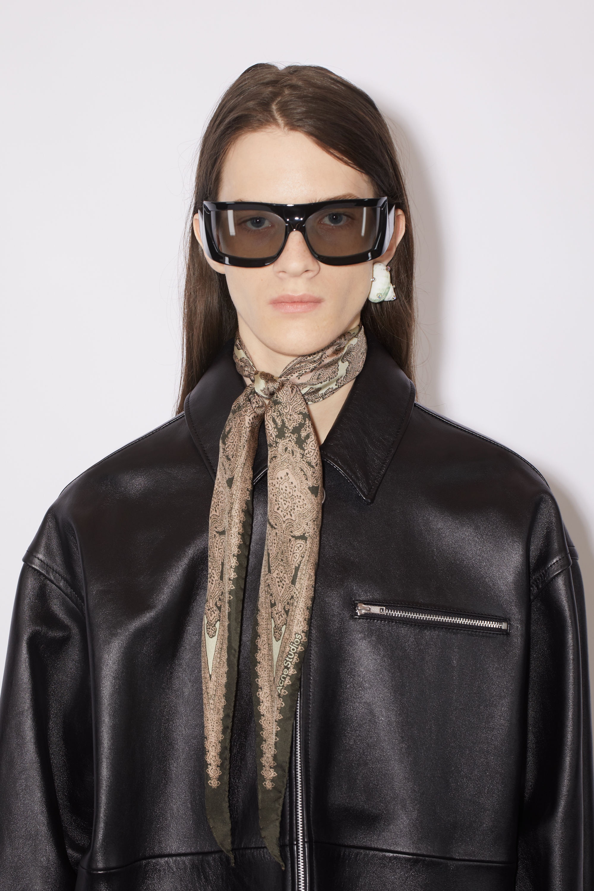 Printed silk scarf - Dark olive/camel brown - 3