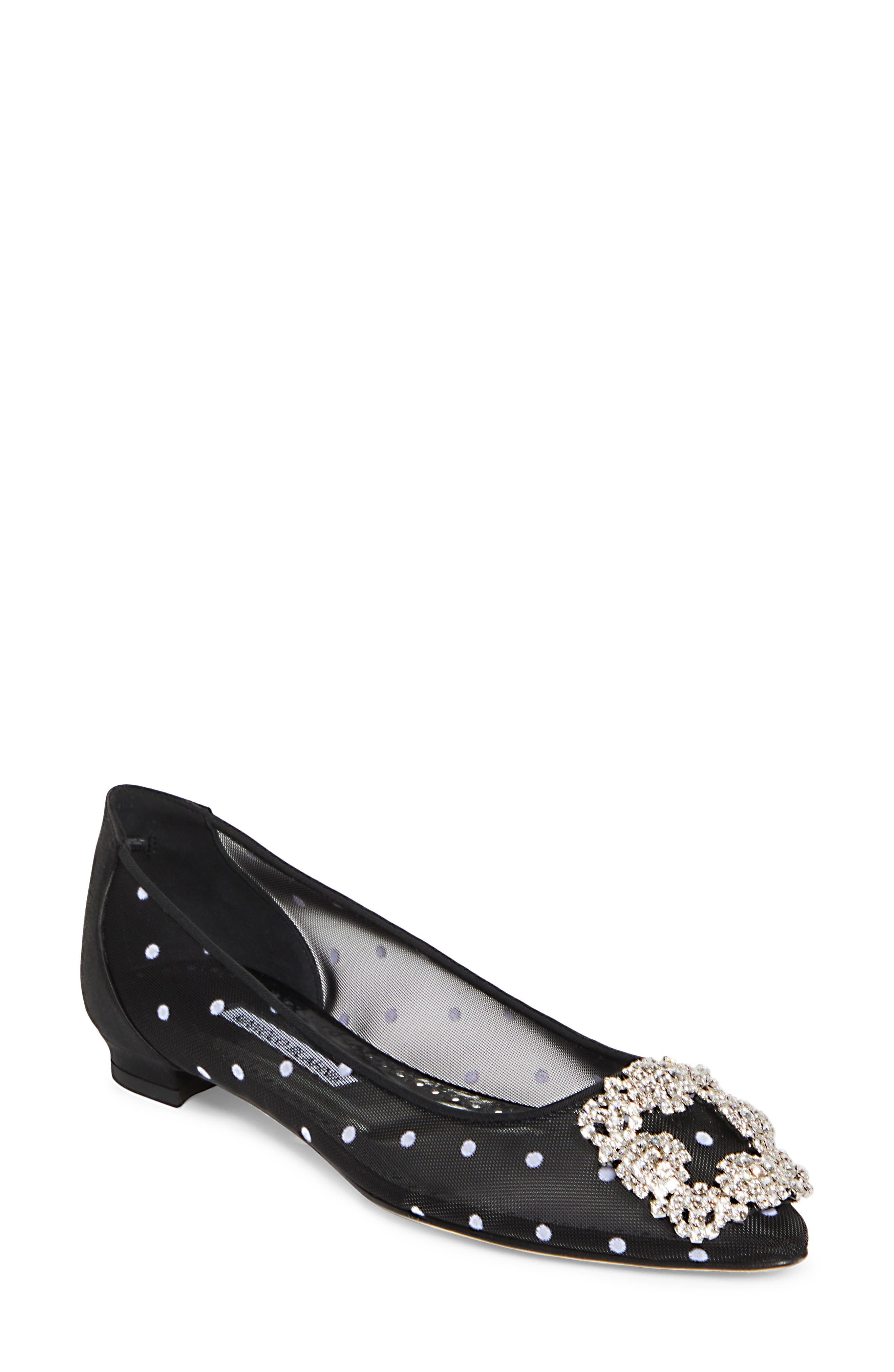 Manolo Blahnik Hangisi Crystal Buckle Flat in Black/White at Nordstrom - 1