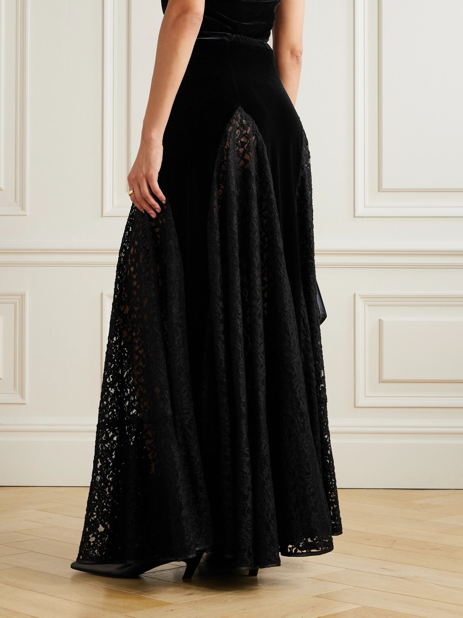 Velvet-paneled lace midi skirt Black - 3