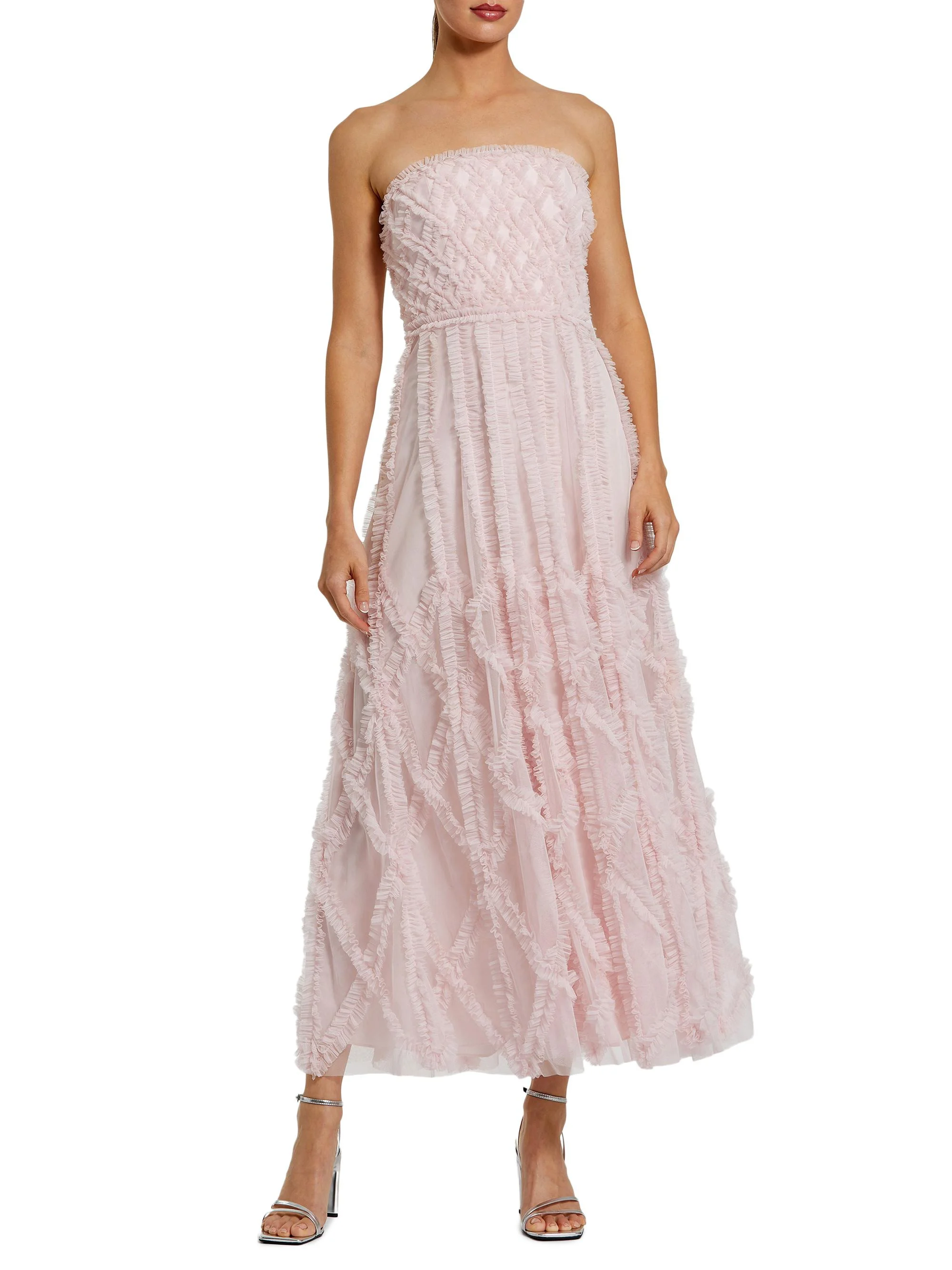Women's Cocktail Ruffled Mesh Strapless Gown - Blush - 1