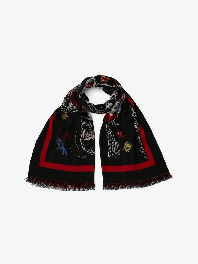 Doodle Skeleton Jacquard Scarf in Black/red 3
