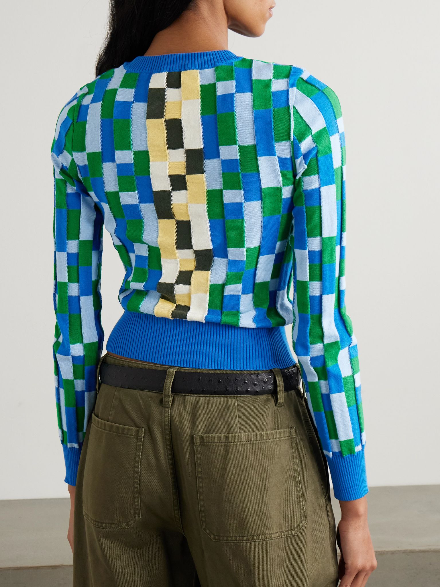 Anagram appliquéd checked intarsia cotton sweater Blue - 3