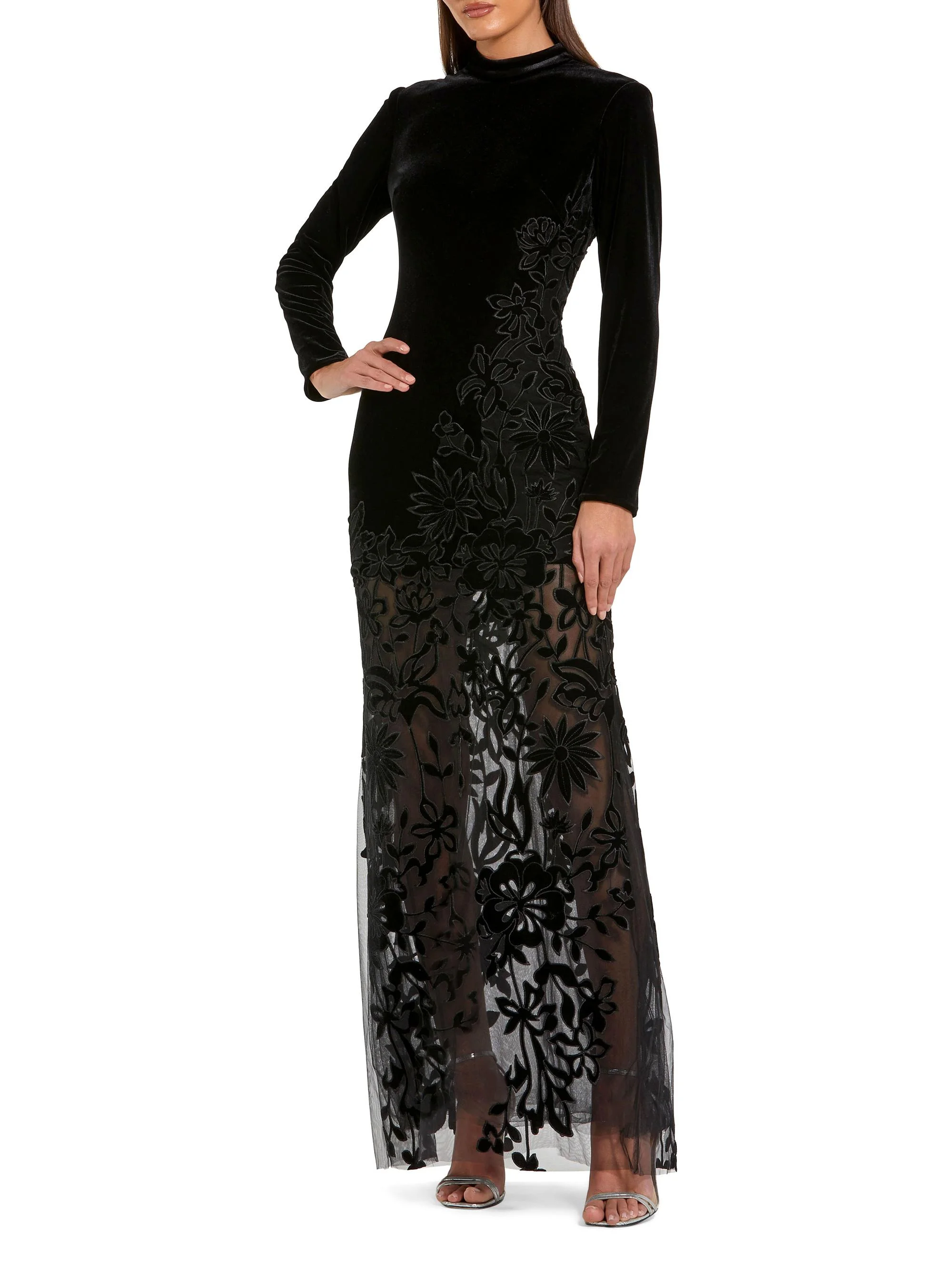 Women's Floral Mixed-Media Long-Sleeve Gown - Black - 1