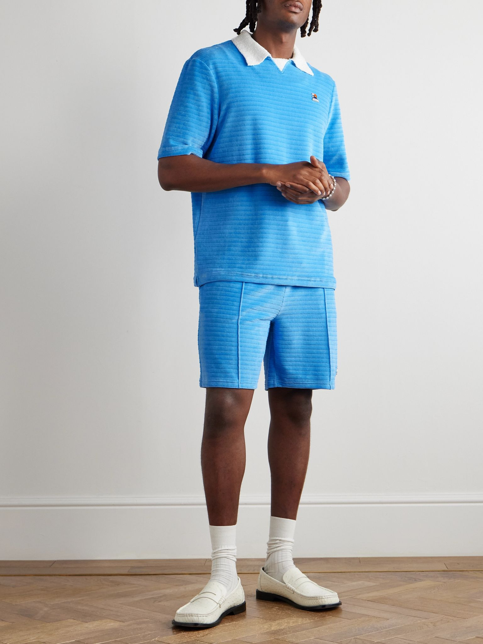 Logo-Appliquéd Bouclé-Trimmed Cotton-Blend Velour Polo Shirt Blue - 2