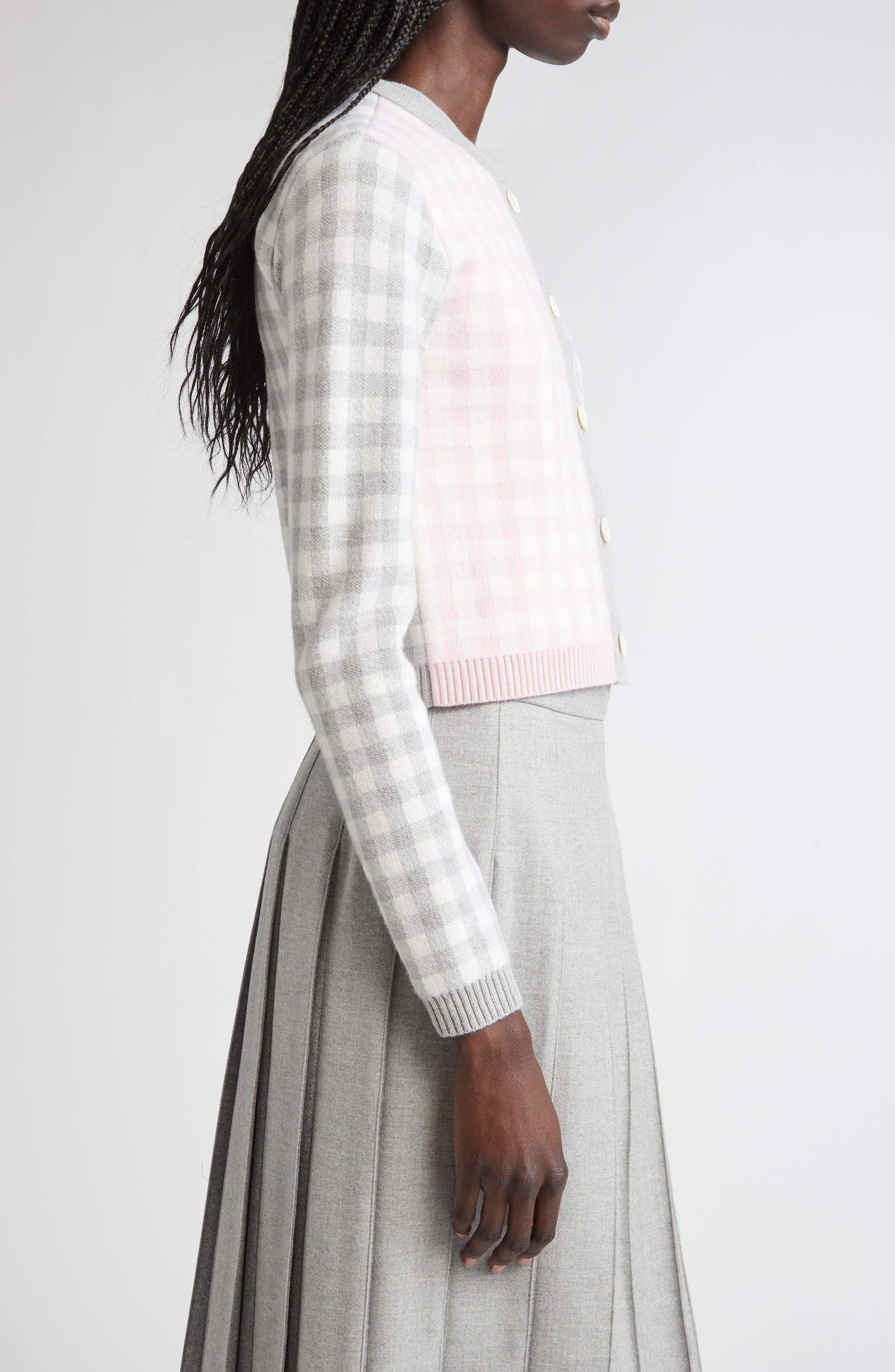 Thom Browne Fun-Mix Gingham Check Bird's Eye Wool Blend Cardigan in Seasonal Combo at Nordstrom - 4