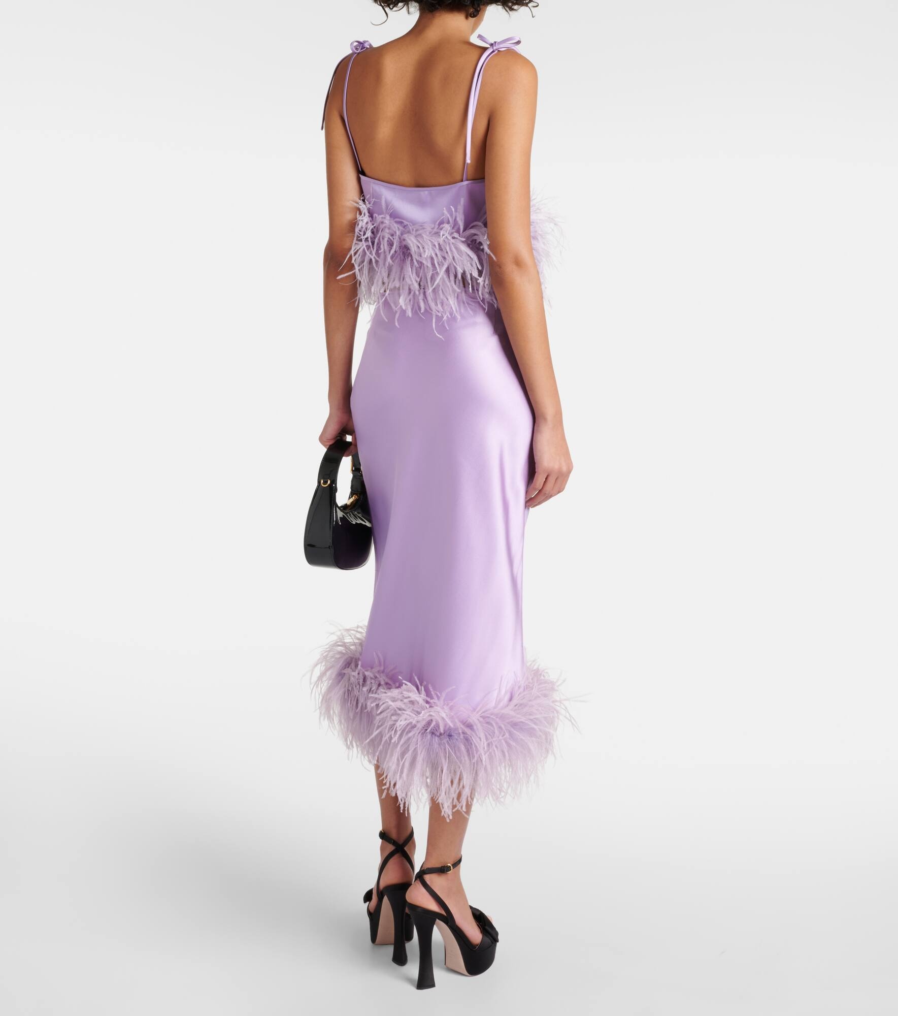 Feather-trimmed logo satin crop top - 3