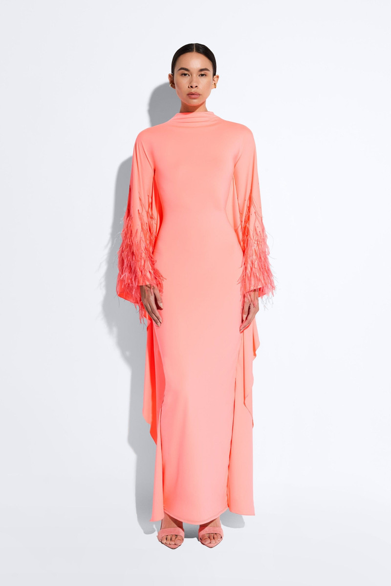 LAPOINTE Compact Jersey Mock Neck Batwing Gown With Feather outlook
