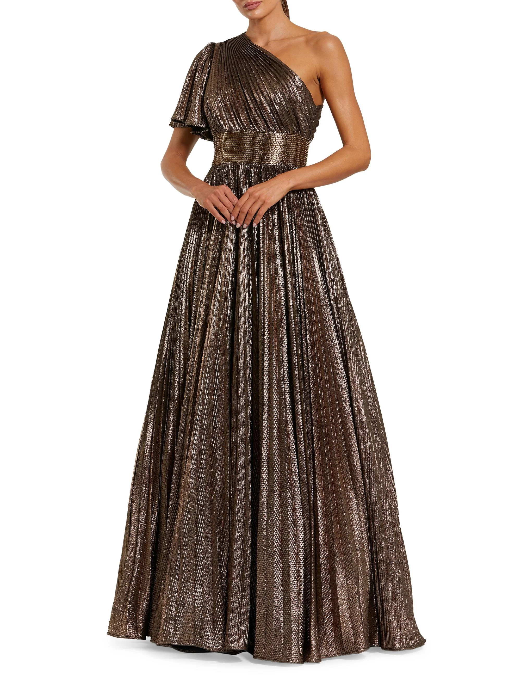 Women's One-Shoulder Pleated Metallic A-Line Ball Gown - Bronze - 1