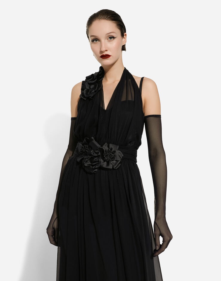 Long silk chiffon dress with floral appliqué - 5