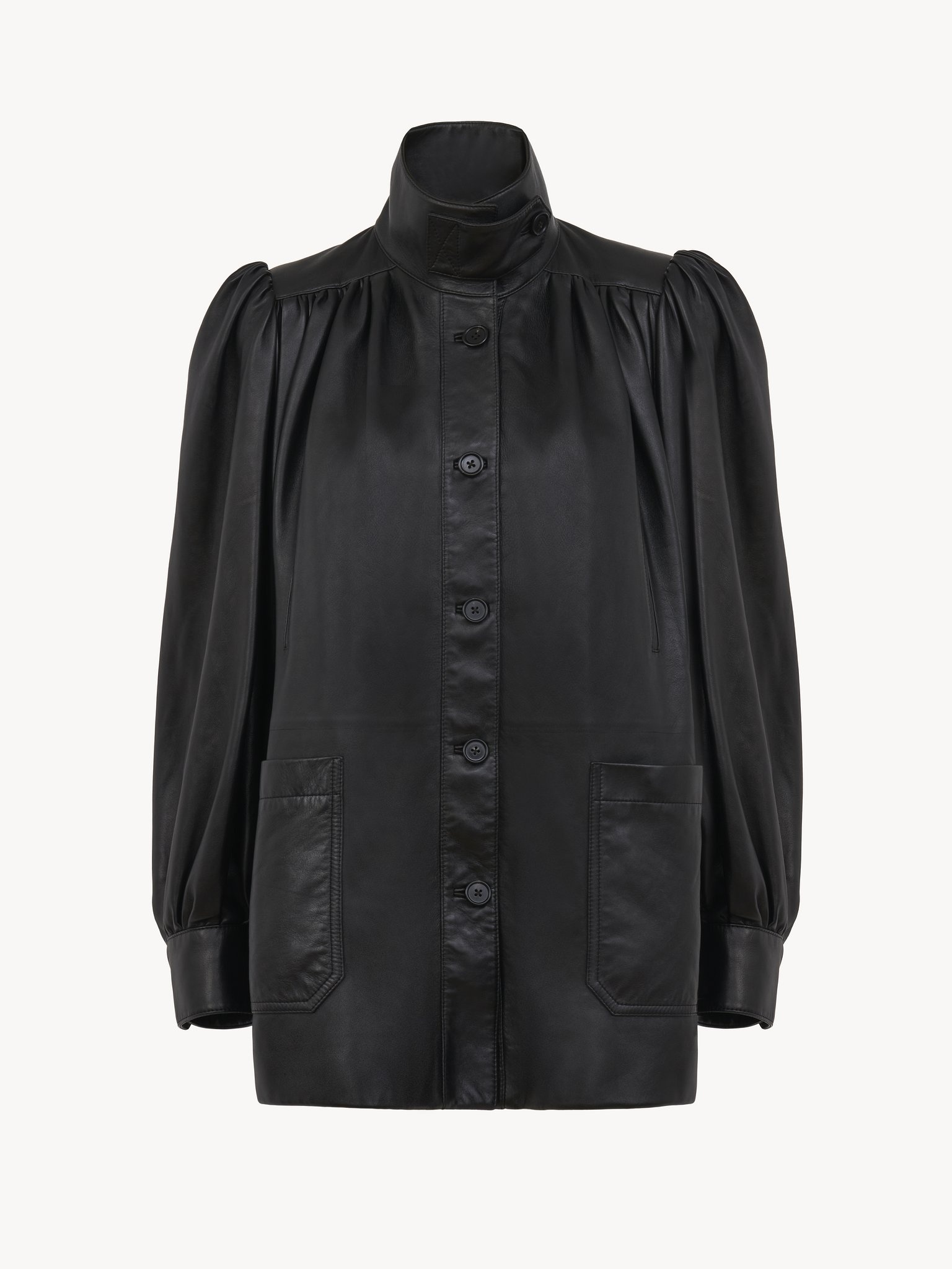 HIGH-NECK GATHERED COAT IN LEATHER - 2