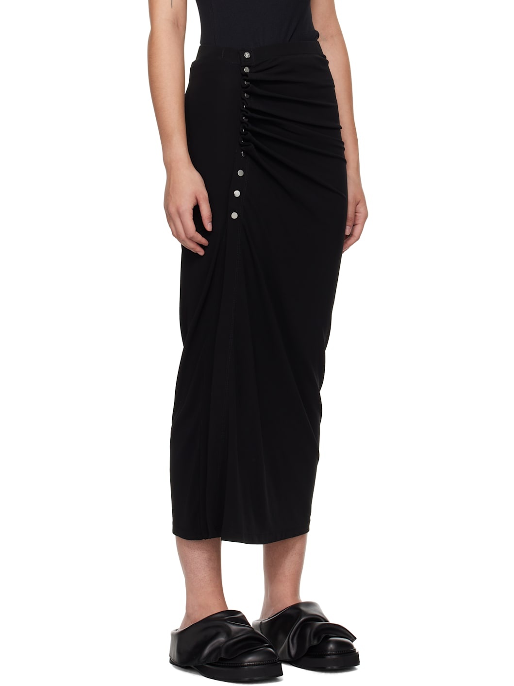 Black Drapé Pression Slit Midi Skirt - 2