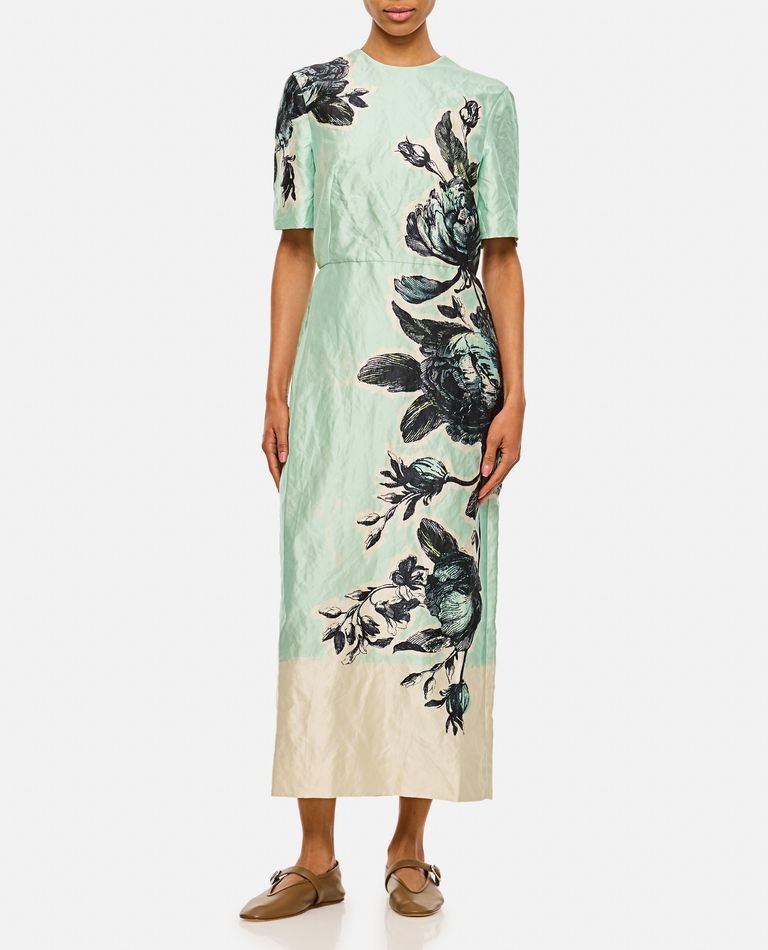 Erdem TEXTURED SATIN SHORT SLEEVE MIDI DRESS | biffi