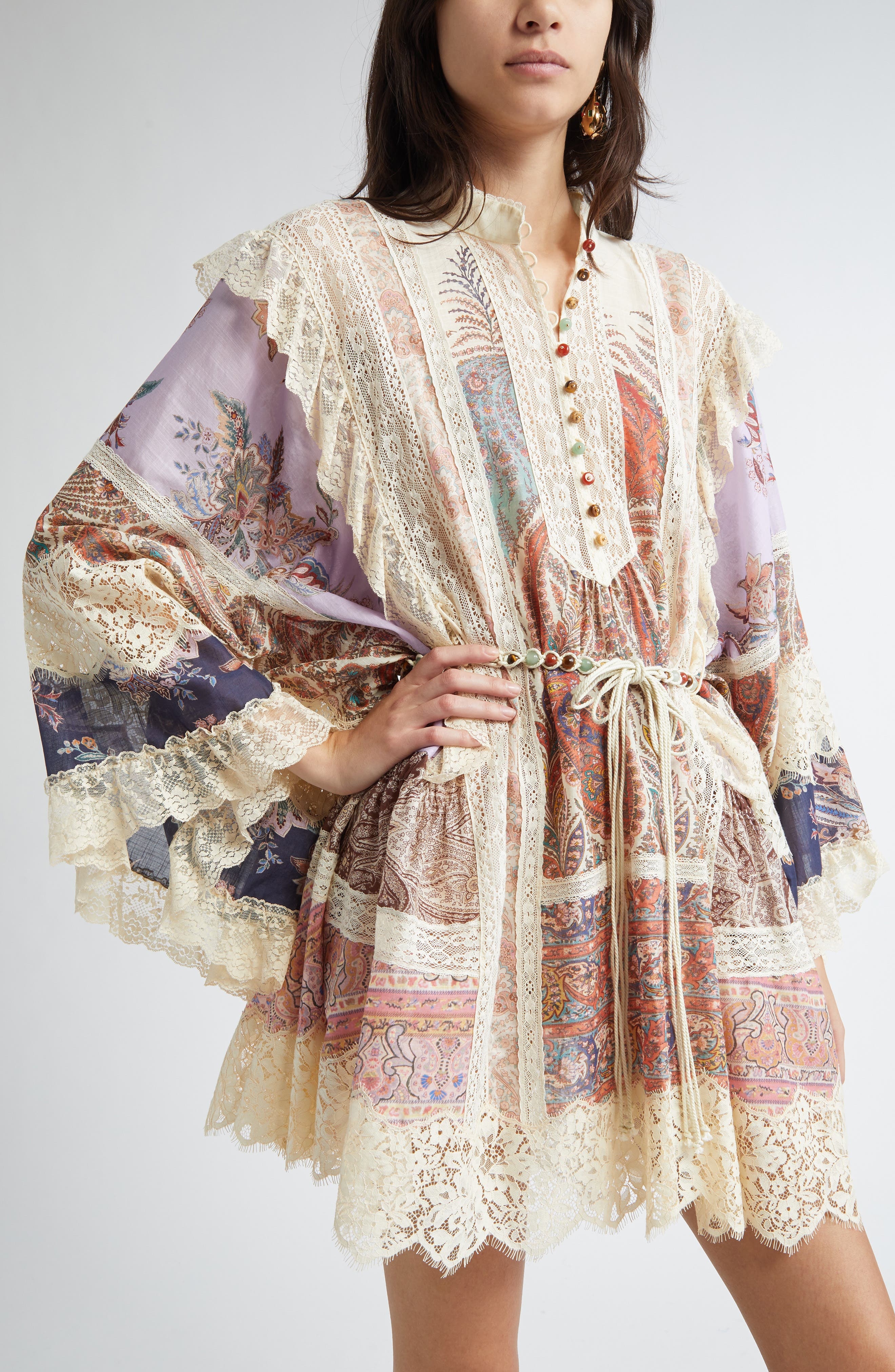 Zimmermann Rhiannon Billow Long Sleeve Lace Trim Minidress in Spliced at Nordstrom - 4