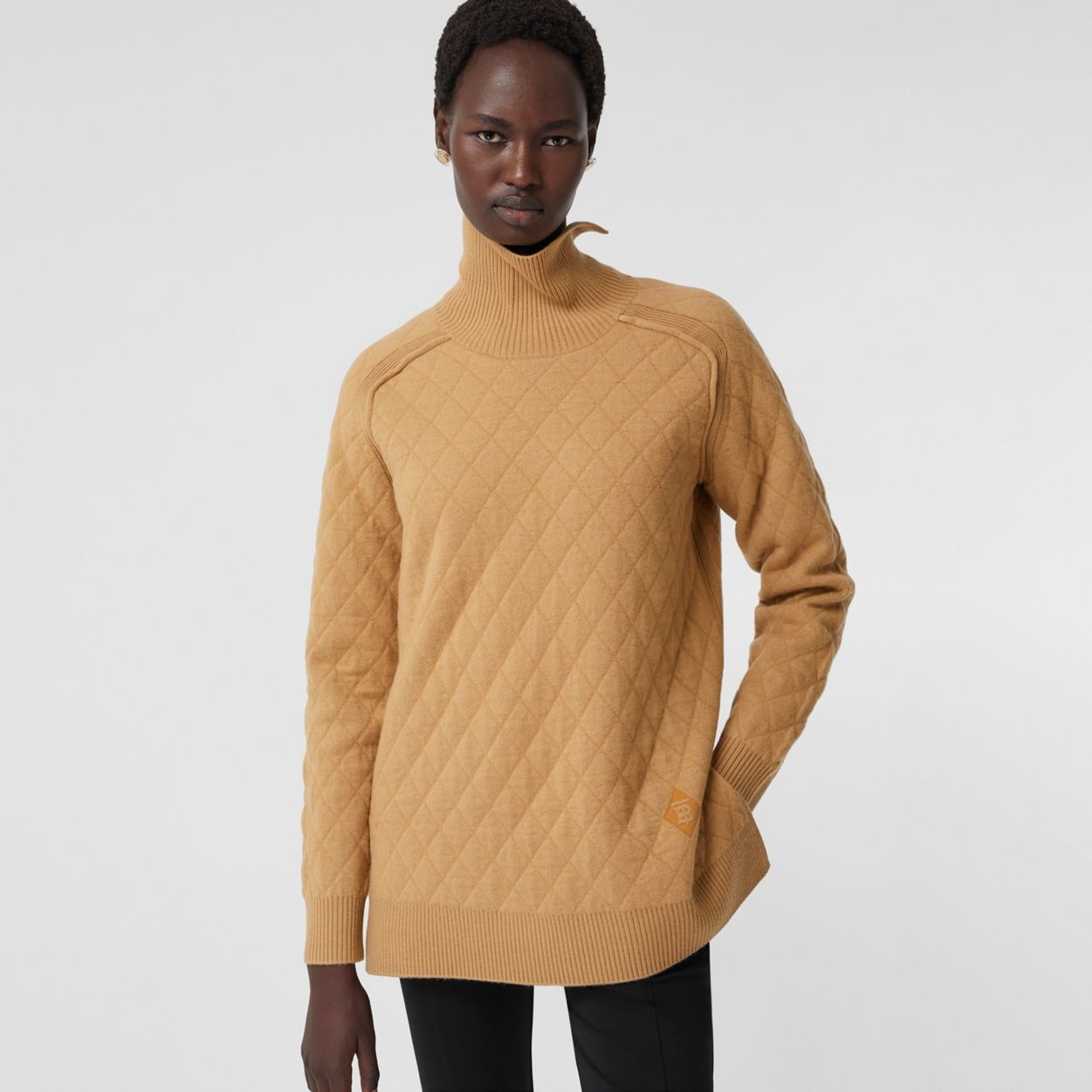 Diamond Knit Wool Funnel Neck Sweater - 6