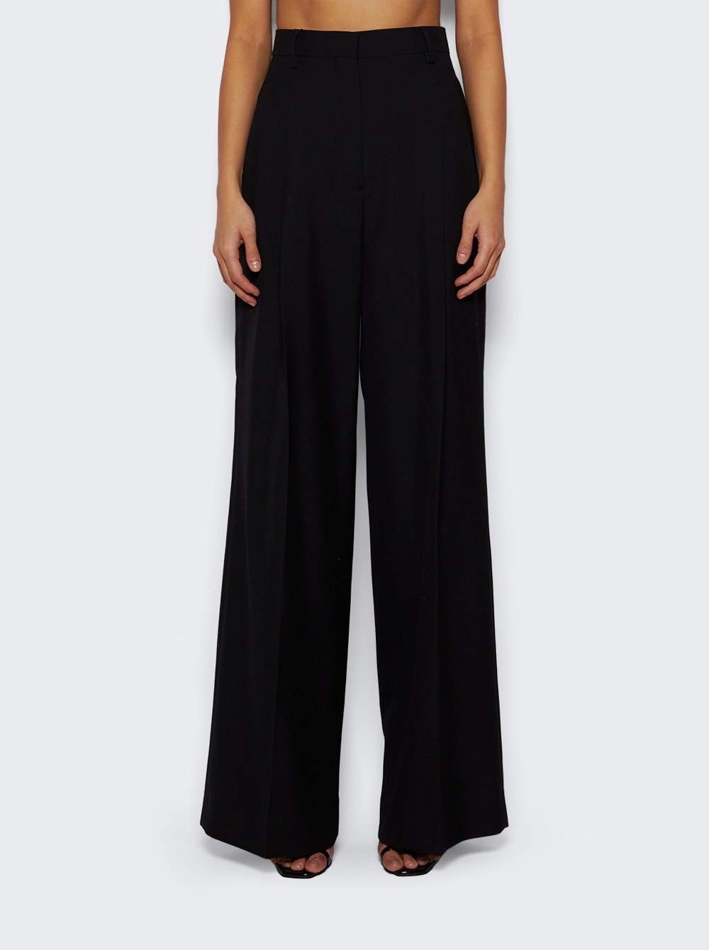 Double Pleat Wide Leg Wool Trousers Black - 3