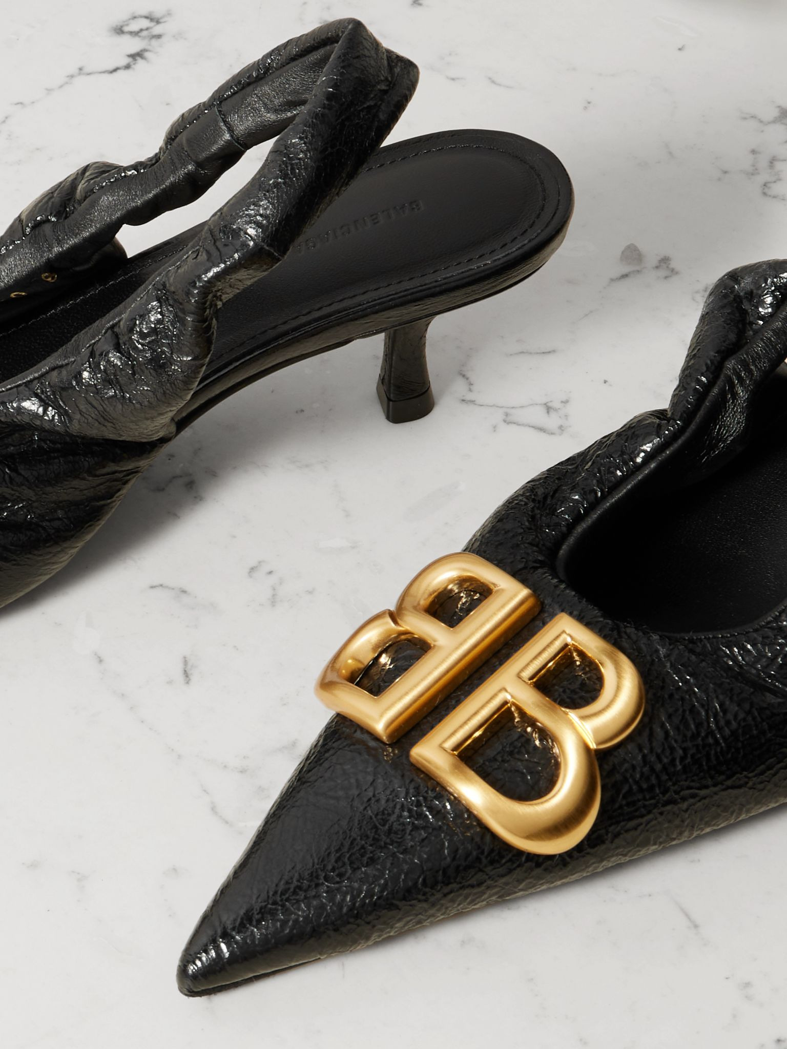 Monaco logo-embellished crinkled-leather slingback pumps Black - 4