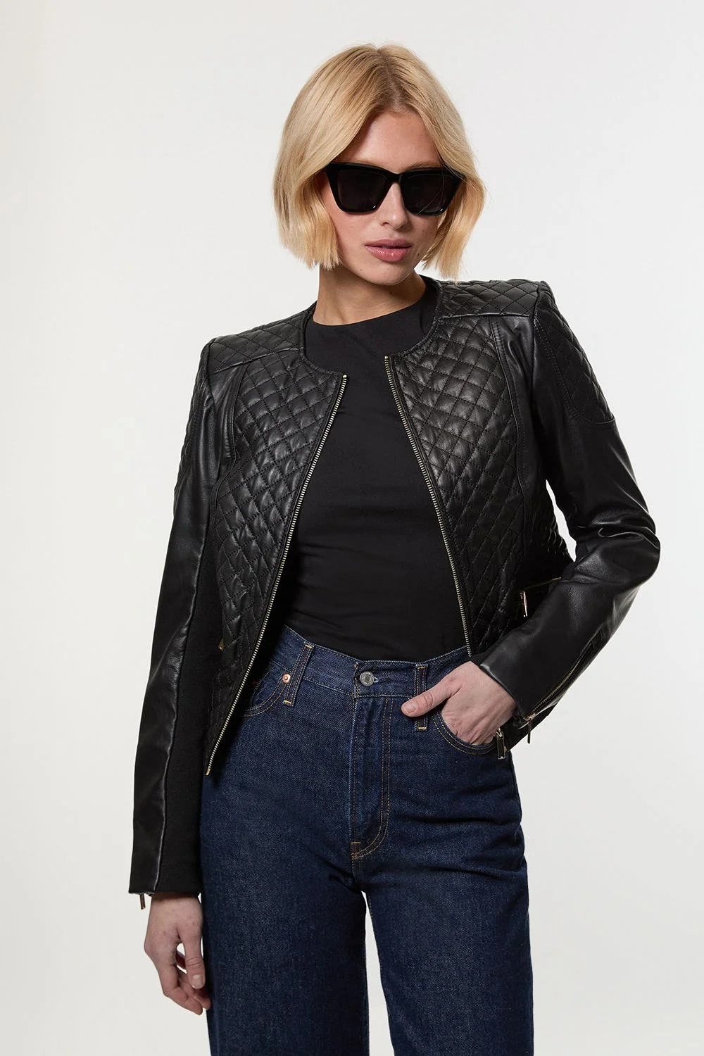 Leather Quilted Biker Jacket - 1