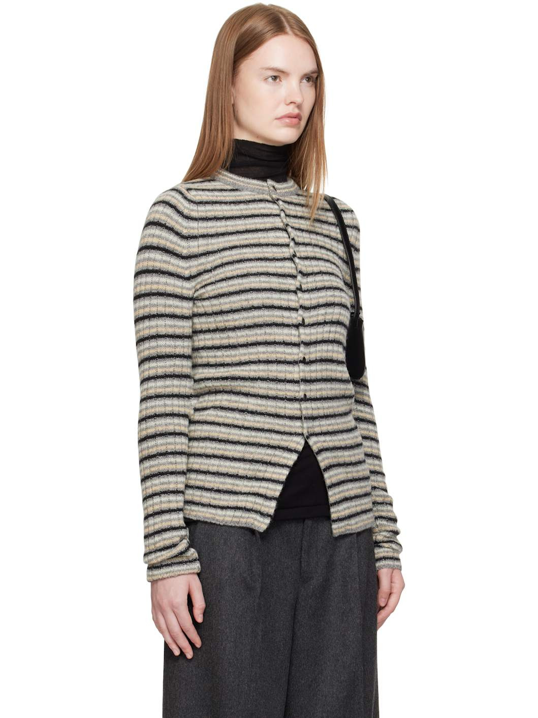 Gray Shetland Wool Cashmere Rib Knit Crew-Neck Cardigan - 2