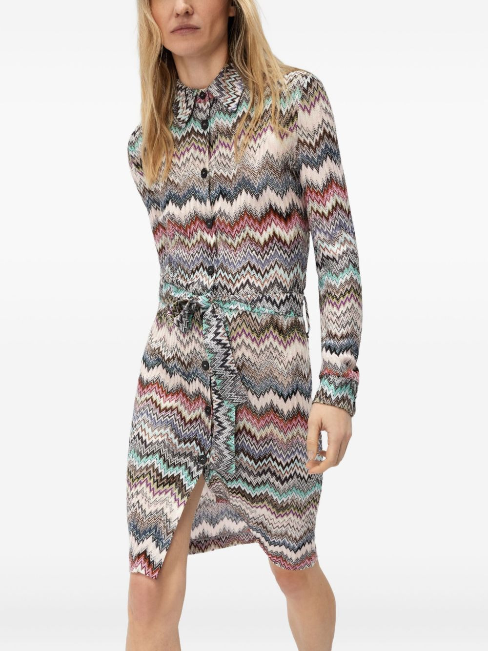chevron-pattern belted midi shirt dress - 4