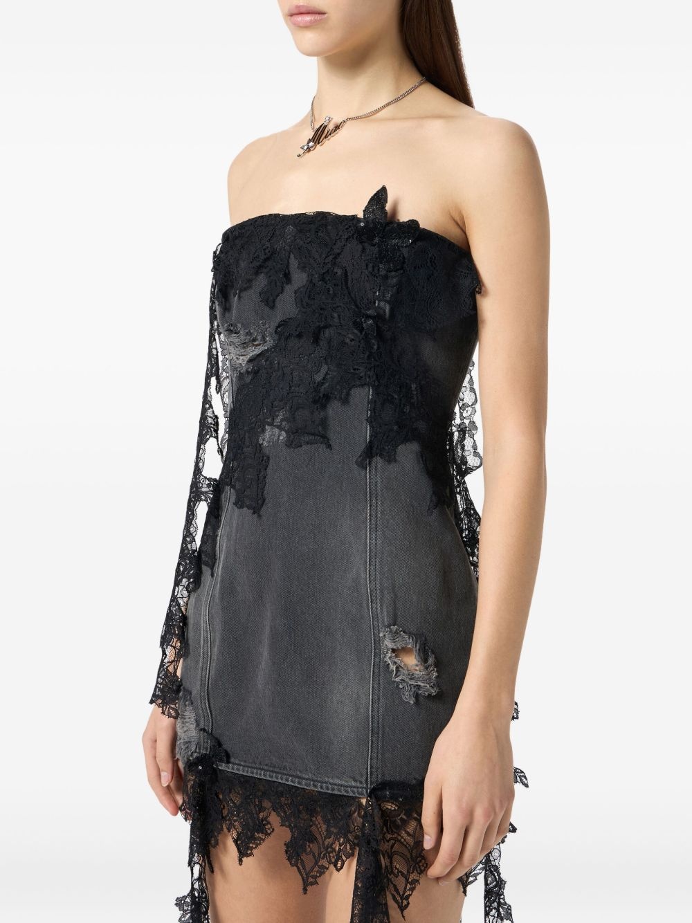 strapless lace-trimmed denim dress - 5