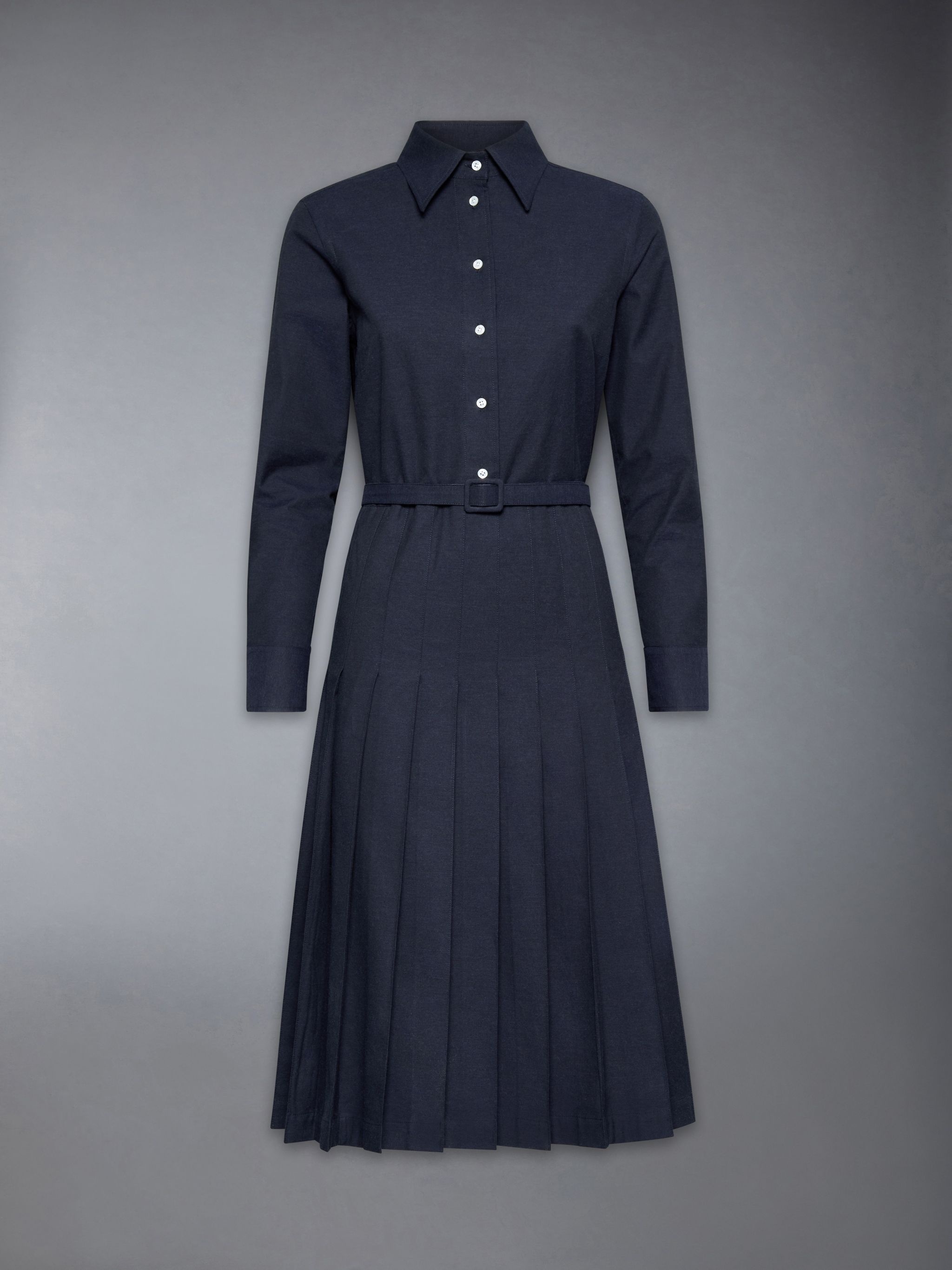 Stripe Cotton Flannel Midi Pleated Bottom Belted Dress - 7