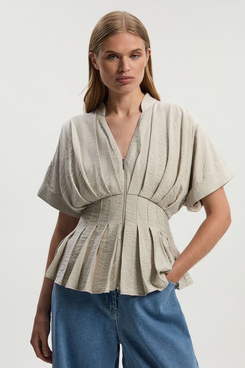 Pleated Neck Tie Detail Woven Short Sleeve Shirt 1