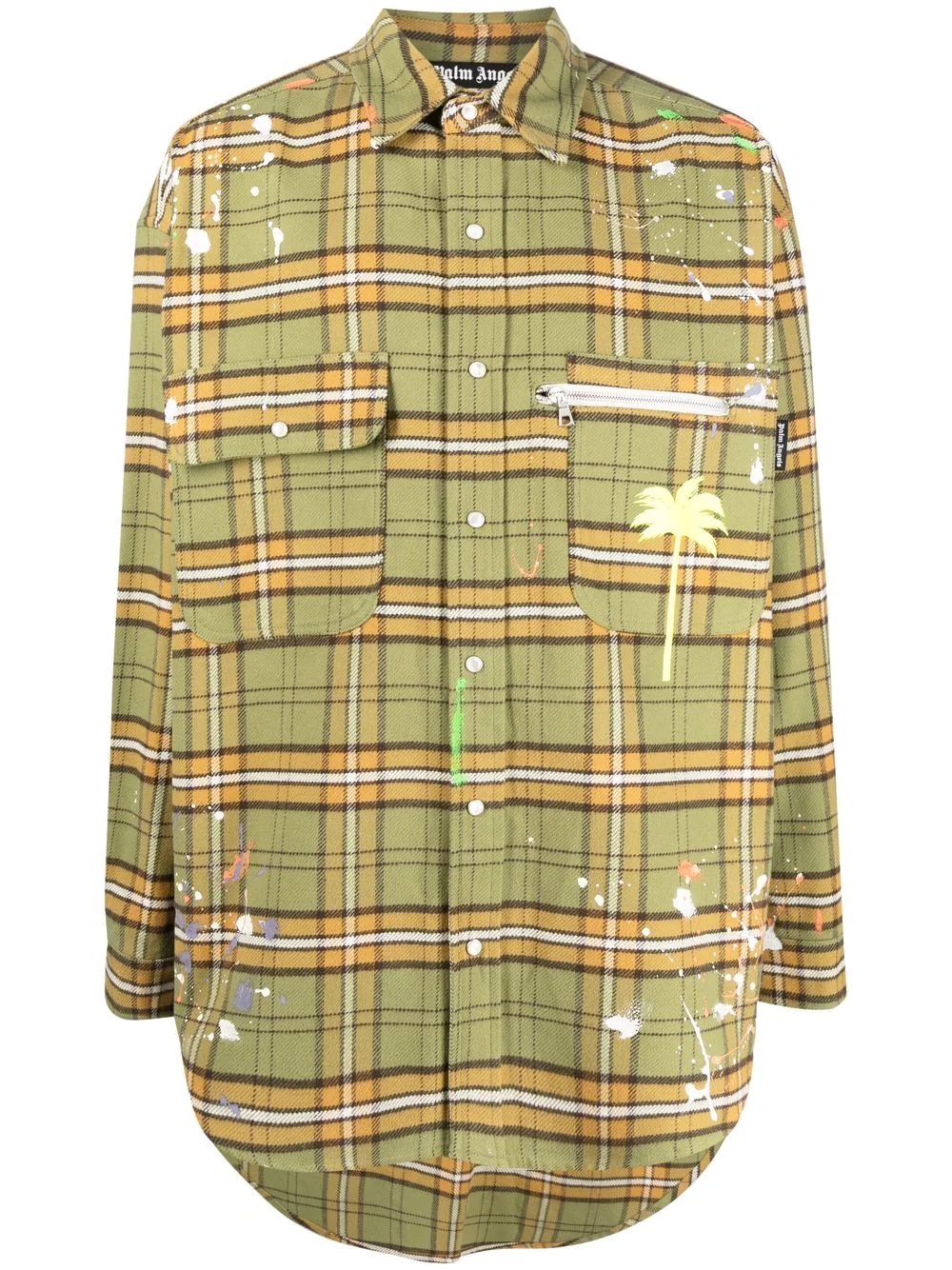 painterly-print checked shirt - 1