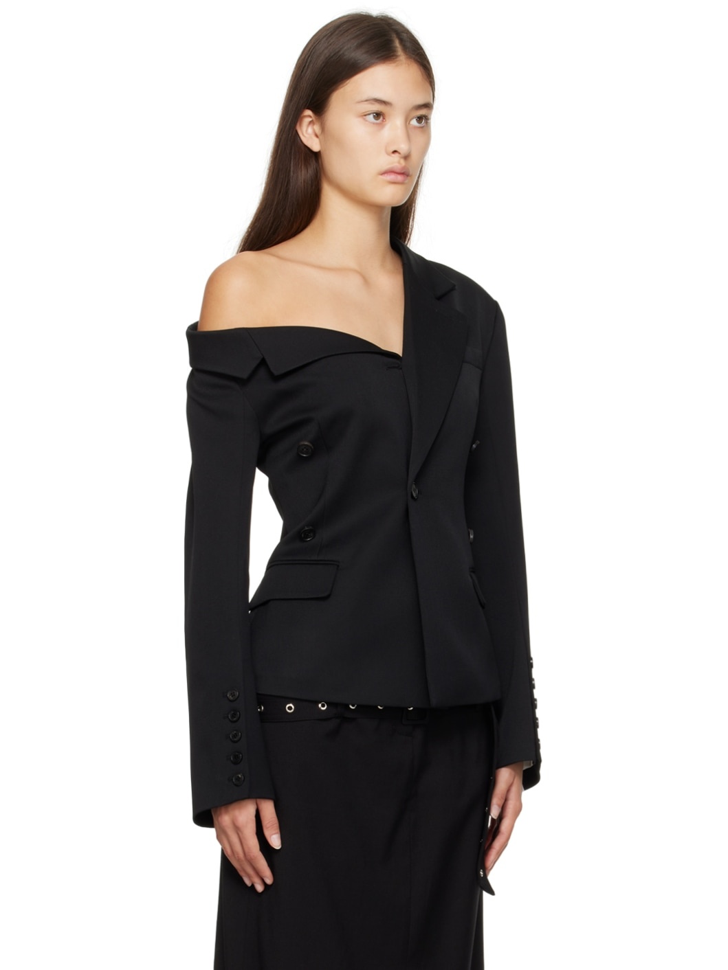 Black Asymmetric Collar Blazer - 2