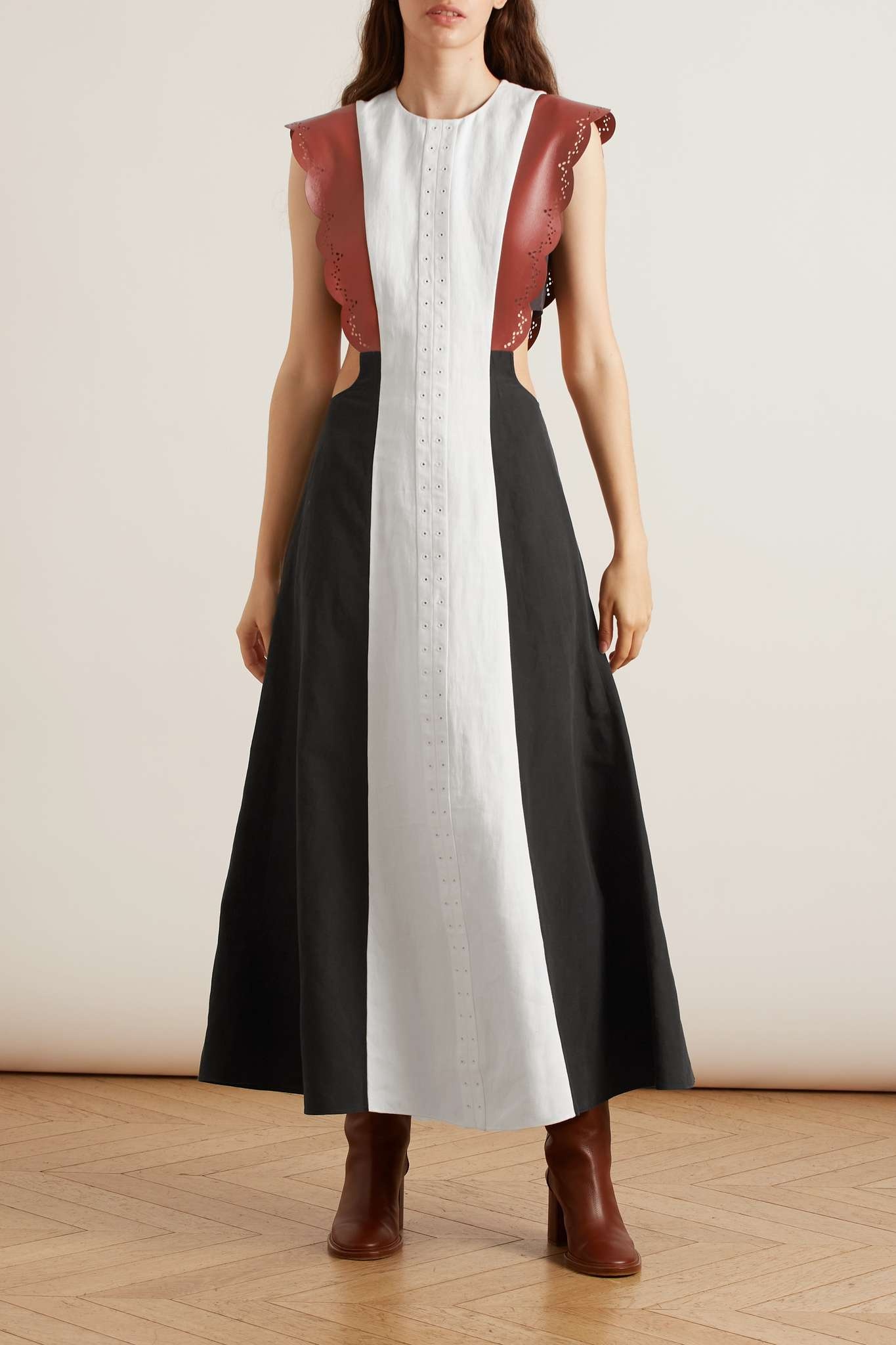 Leather-trimmed color-block linen maxi dress - 3