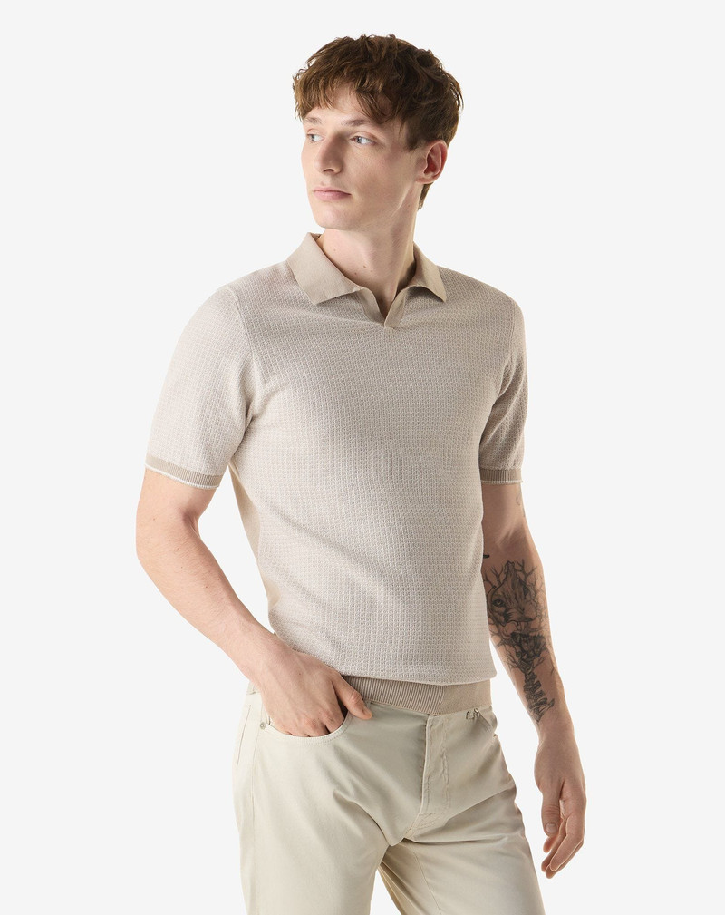 CORNELIANI Beige two-tone buttonless pure cotton polo shirt outlook