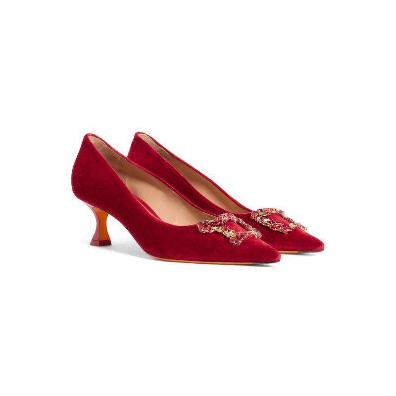 Women's red velvet mid-heel Santoni Sibille pump 3