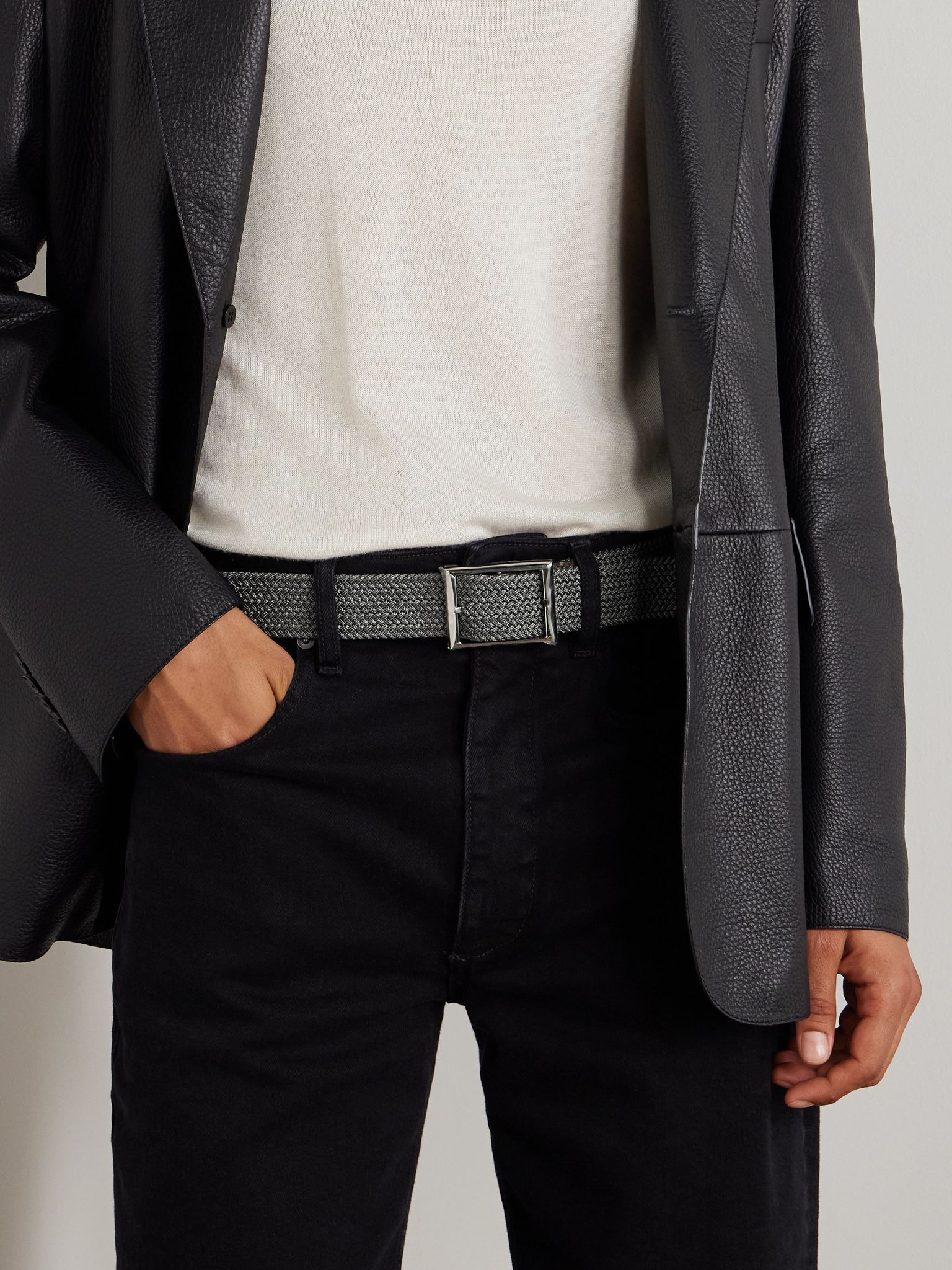 3.5cm Leather-Trimmed Woven Elastic Belt Gray - 3
