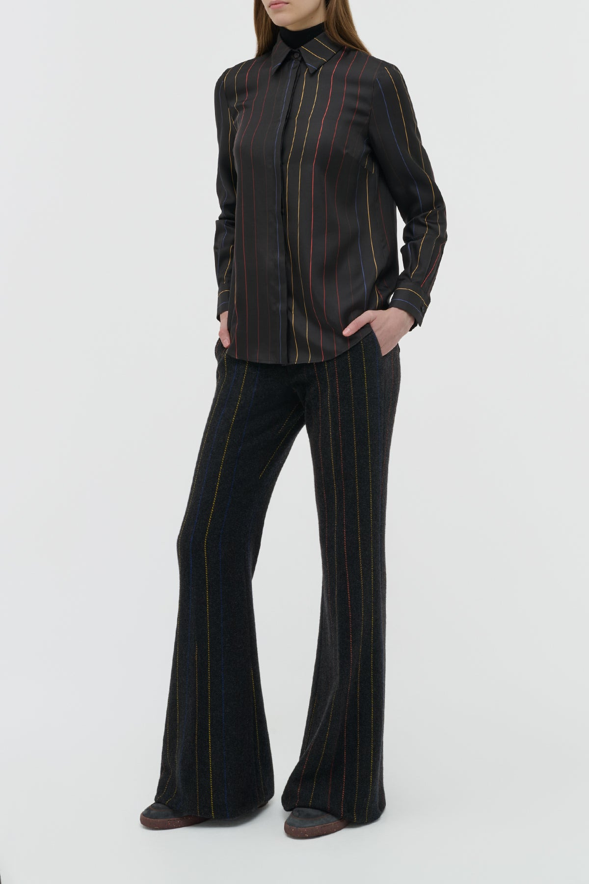 Henri Blouse in Charcoal Multi Pinstripe Silk Twill - 3