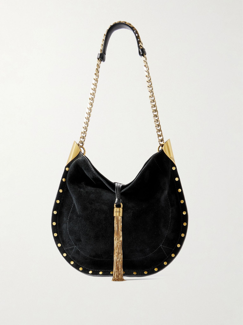 Oskan leather-trimmed tasseled studded suede shoulder bag Black 1