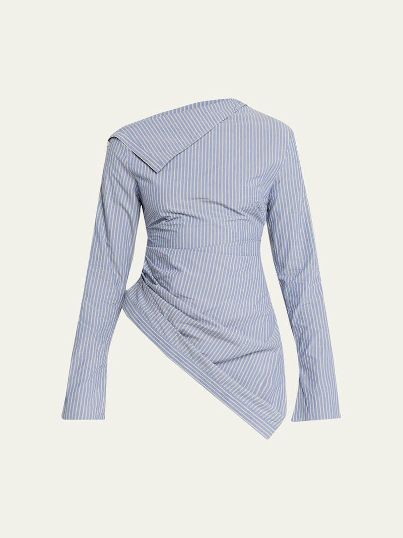 Asymmetric Pinstripe Button-Sleeve Blouse 1