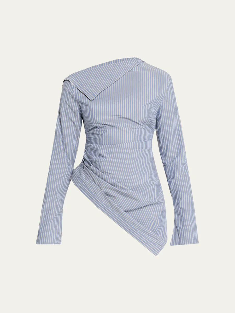 Asymmetric Pinstripe Button-Sleeve Blouse - 1