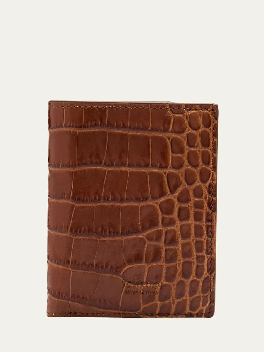 Men's Croc-Embossed Leather Folding Card Holder - 1