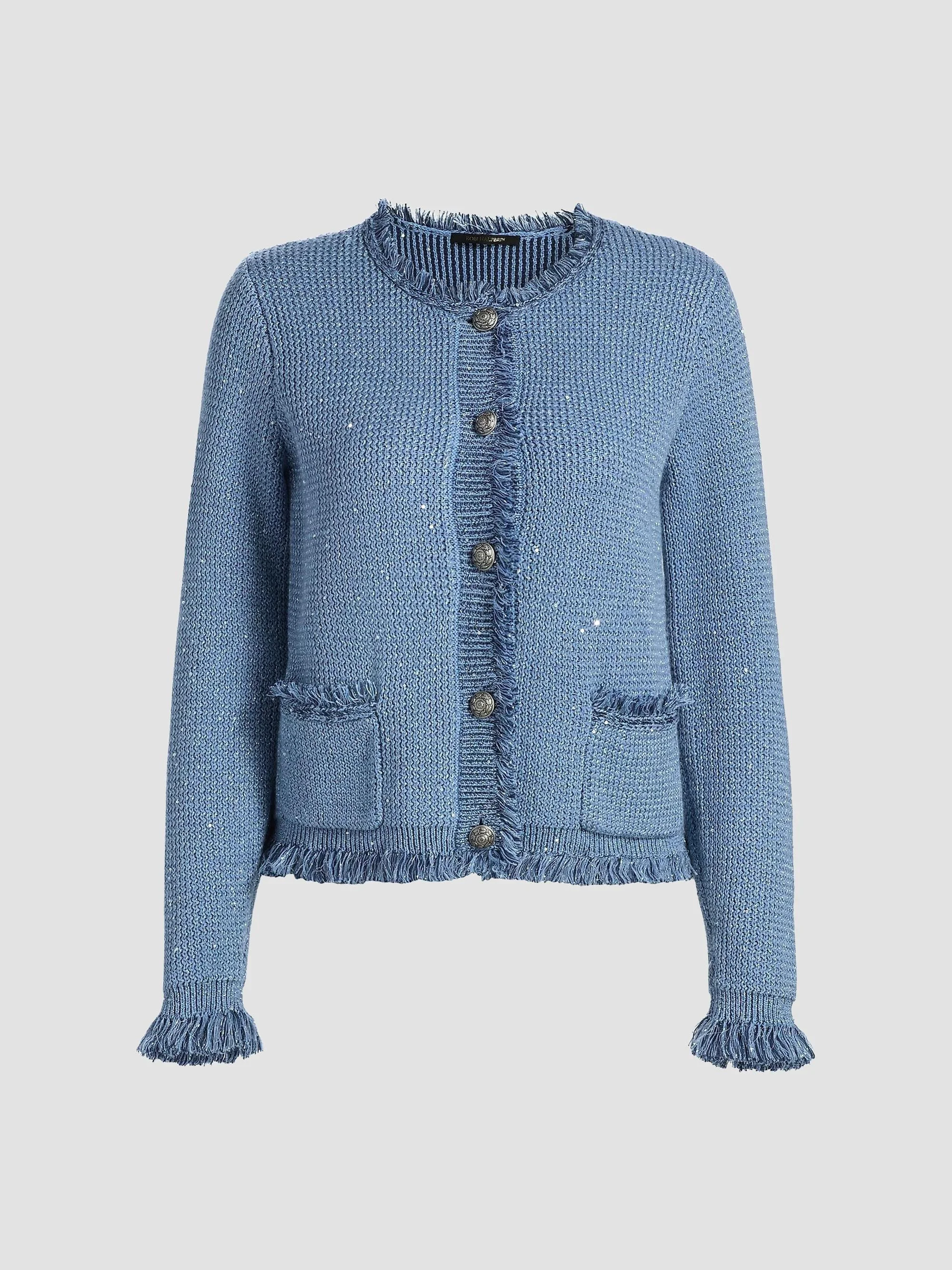 Women's Kailey Metallic-Knit Frayed Linen-Blend Cardigan - Blue - 1