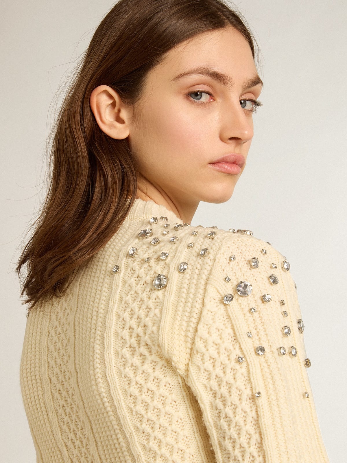 Cropped sweater in white wool with crystals - 5