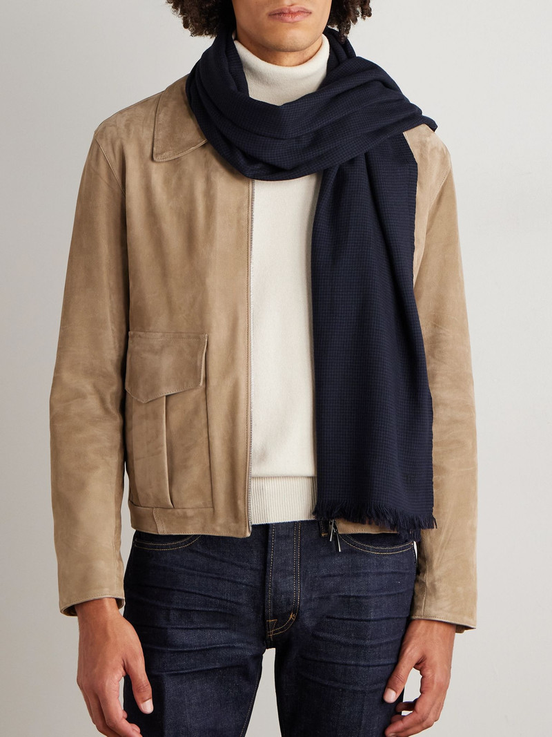 TOM FORD Frayed Puppytooth Wool Scarf Navy outlook