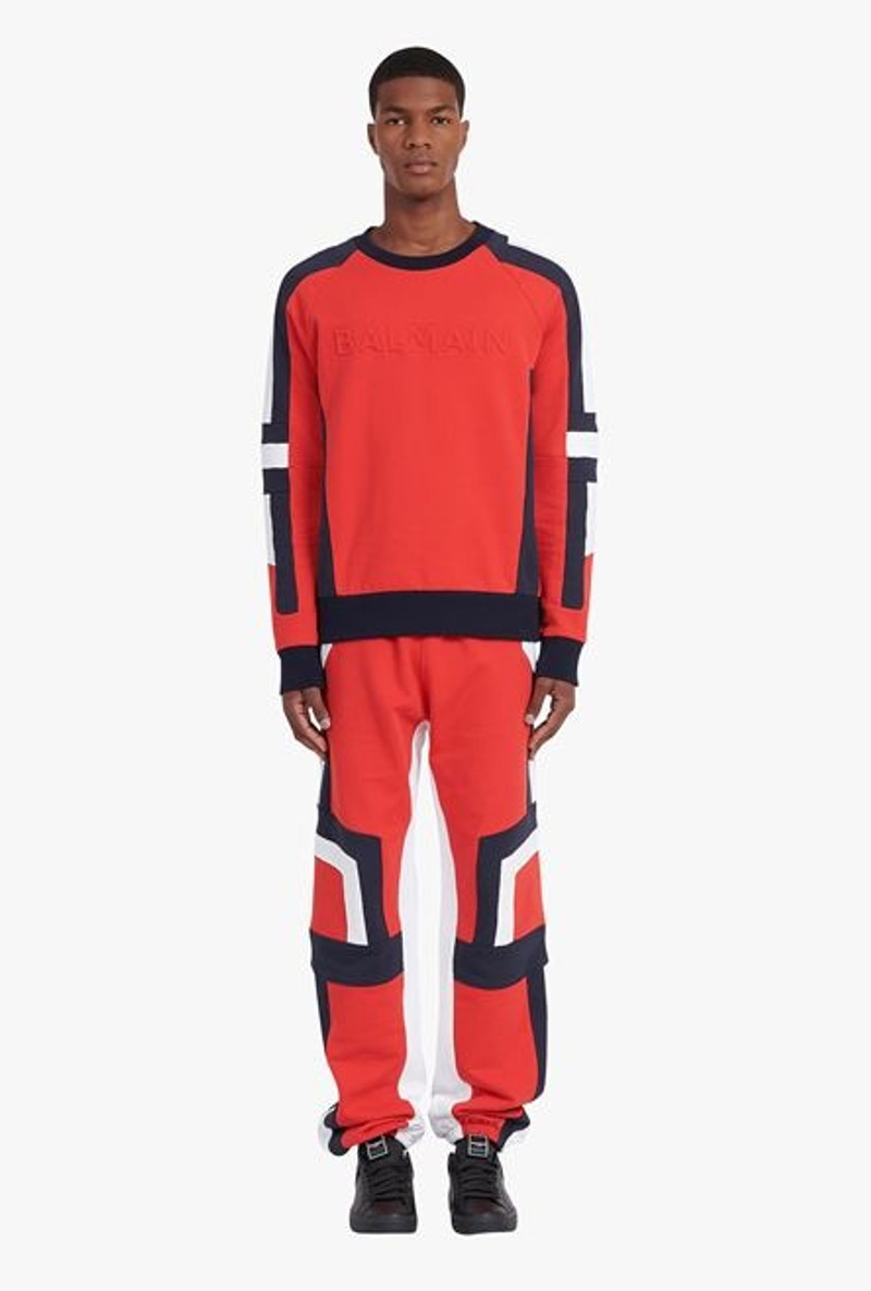 Oversized red, navy blue and white eco-designed cotton sweatshirt with embossed Balmain logo 4