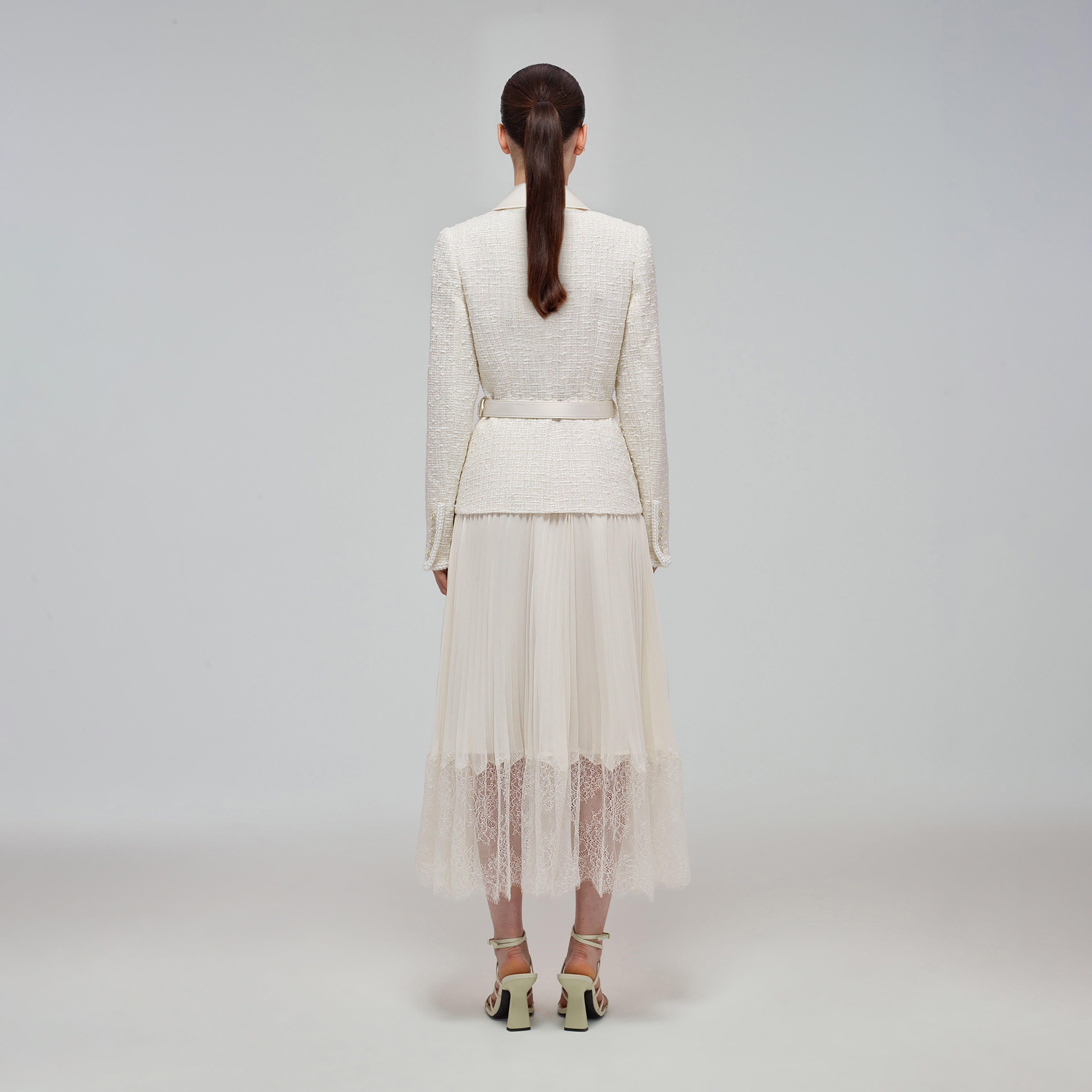 Cream Tailored Bouclé And Chiffon Midi Dress - 3