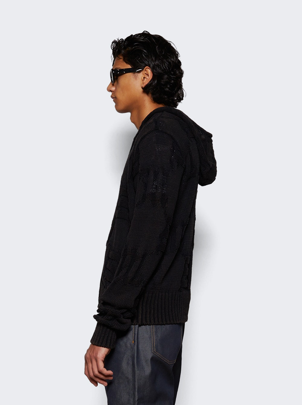 Acid Washed Knitted Hoodie Black - 4