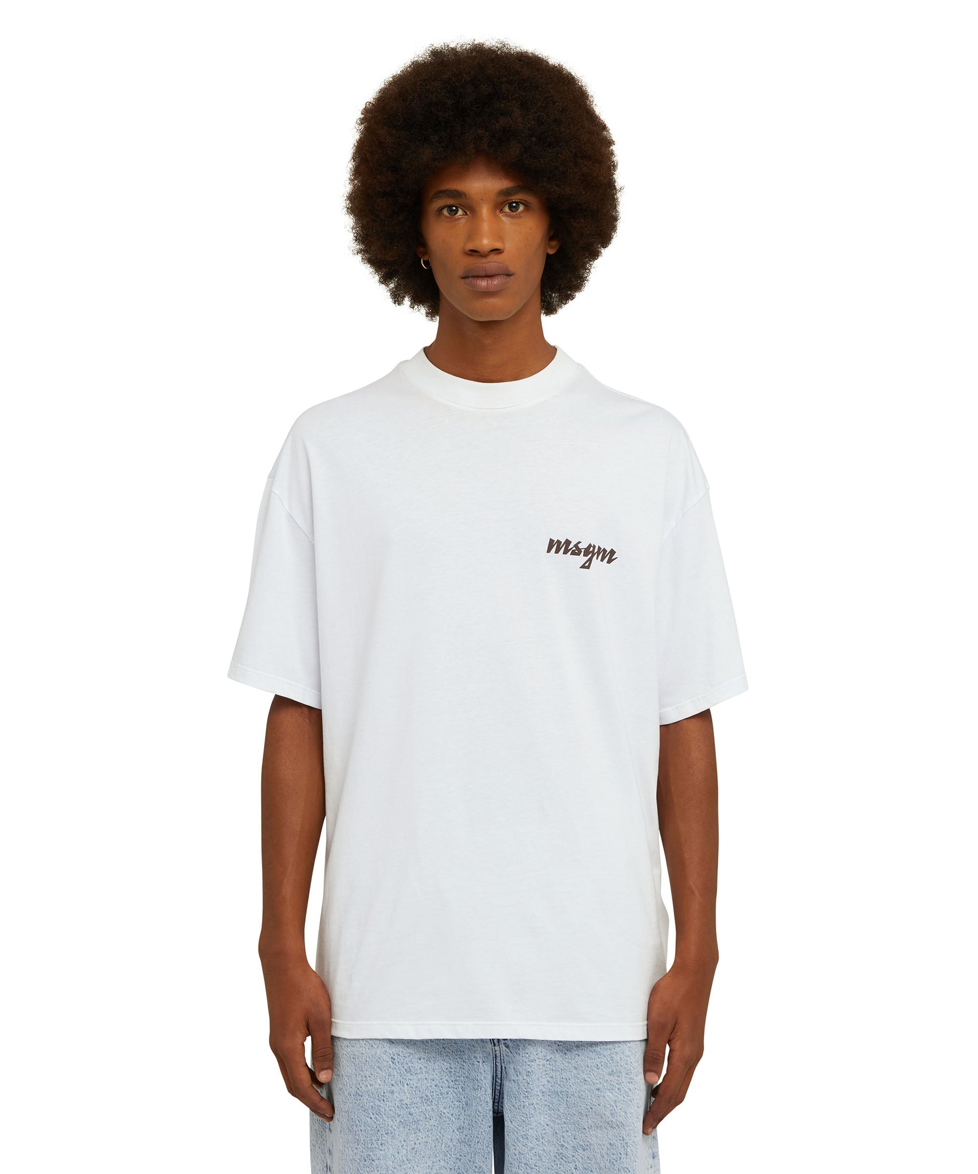 Cotton crewneck t-shirt with embroidered multicolor logo in cursive - 1