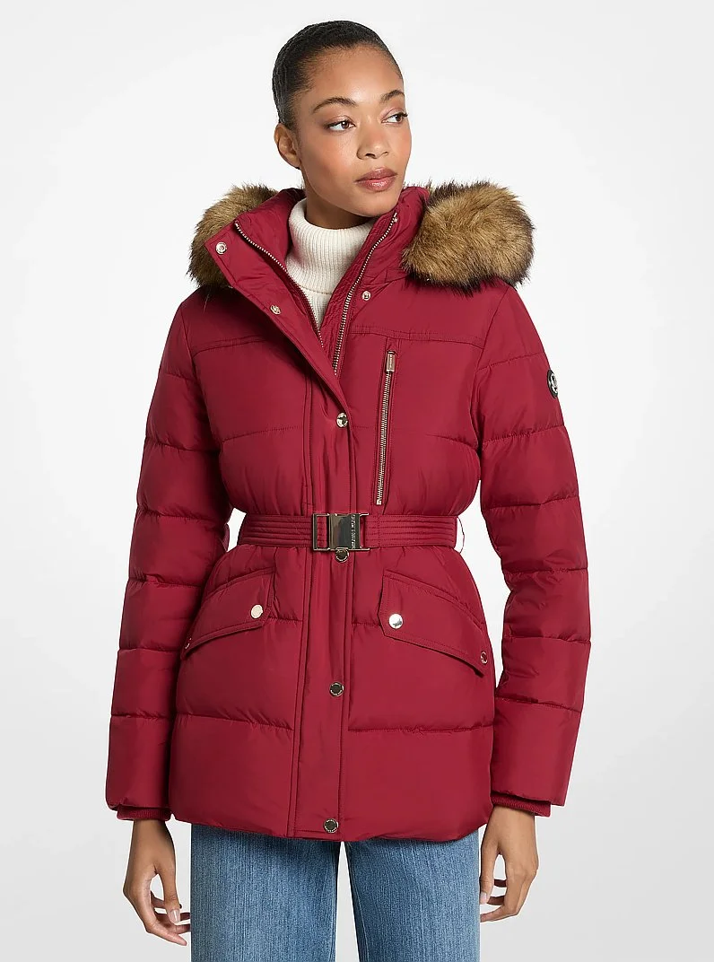 Faux Fur Trim Belted Puffer Jacket - 1